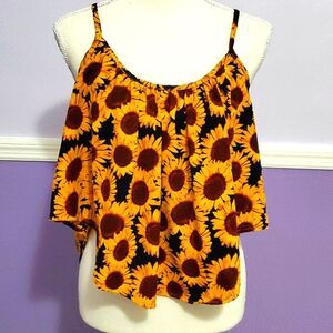 Rue21 Boho Bright Golden Sunflowers Pleated Flowy Crop Cami Top